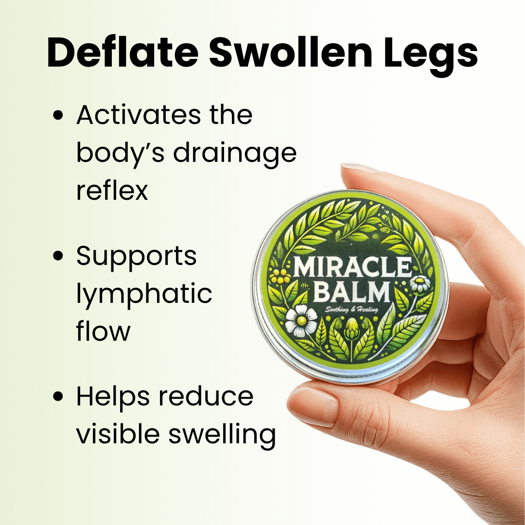 Hand holding a container of 'Miracle Balm' with text about its benefits on a light green background.