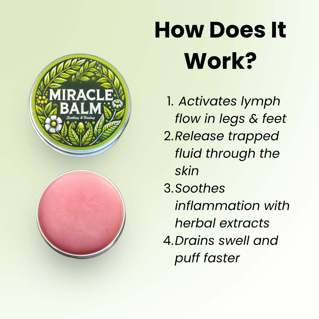 Miracle Balm container with text explaining its benefits on a light green background