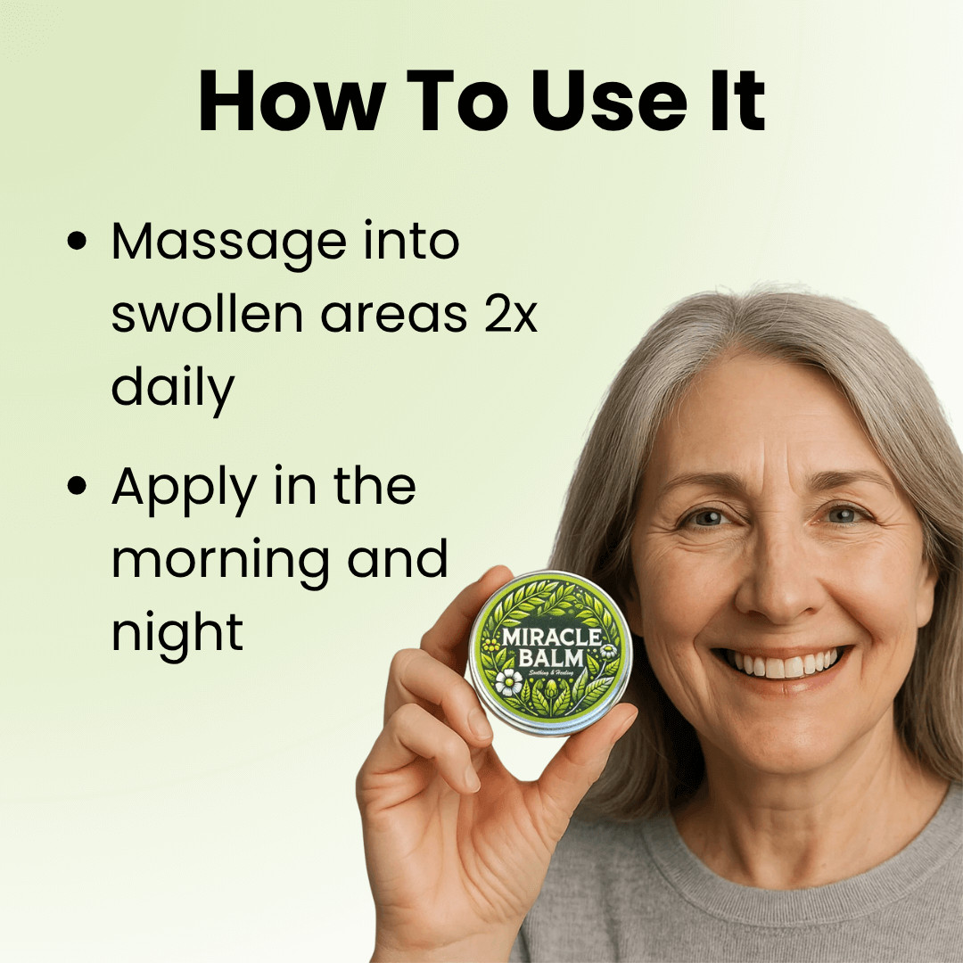 Woman holding a jar of 'Miracle Balm' with usage instructions on a light green background