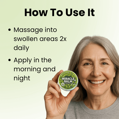 Woman holding a jar of 'Miracle Balm' with usage instructions on a light green background